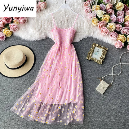 Women daisy Print Dresses Summer Sexy Lace Mesh Dress Spaghetti Strap Ruched Floral