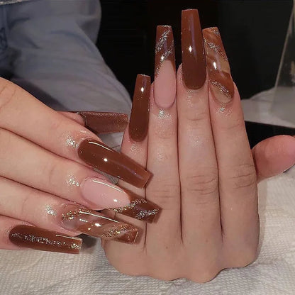 24Ps Super Long Ballet Wearable Fake Nails Blue Diamond Small Flower Press on Nail Stickers Finished Removable False Nail Pieces