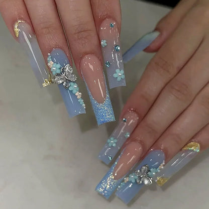 24Pcs Simple Blue French Fake Nails with Diamond Love Pattern Design False Nails Press on Mid-length Ballet Full Cover Nail Tips