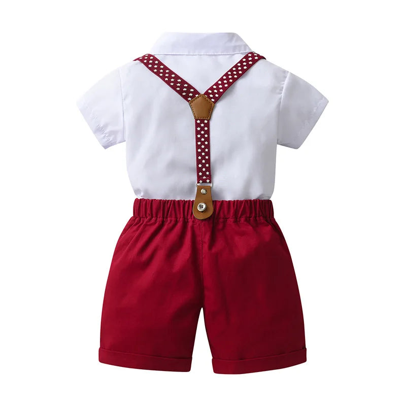 1 2 3 4 5 6 Years Boy Summer Costume Star Print Suspender Set Solid T-shirt Shorts Children Toddler Wedding Suis Kid Cotton Set