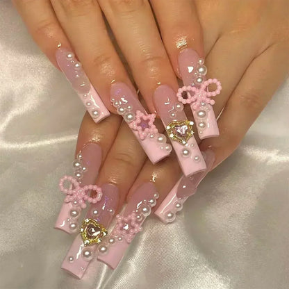 24Pcs White French False Nails Long Coffin Flower Butterfly with Rhinestones French Design Wearable Fake Nails Press on Nails