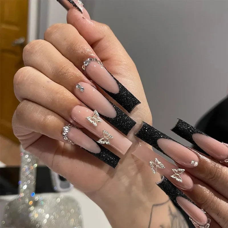 24pcs Artifical Bails With Glue Fake Nail Tips With Design Detachable Press On Nails Long Fake Nail Finished Nail Piece Sticker
