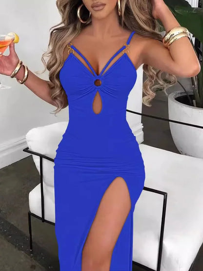 Womens Maxi Dresses Summer Trend 2025 Ladies Sexy O-ring Decoration Spaghetti Straps Hollow Out High Silt Vacation Party Dress