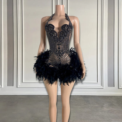 Luxury Rhinestone Black Girls Short Prom Dresses See Through Red Diamond Feathers Dress