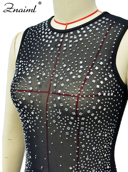 Luxury Sparkly Crystal Rhinestone Christmas Evening Bodycon Long Dress Women's Mesh See Through Birthday Night Vestidos