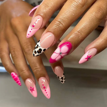 24Pcs Short Round Head Almond Fake Nails with Flowers Grass Pattern Wearable False Nails Tips Summer Full Cover Press on Nails