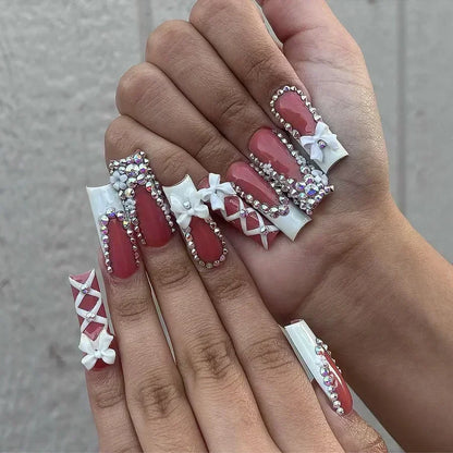 24Pcs Long Ballerina False Nails Press on Nails Serpentine Flower with Rhinestones French Fake Nails Wearable White Nail Tips