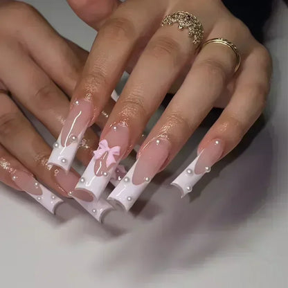 24Pcs Artifical False Nails with Glue Fake Nail Tips with Heart Designs Detachable Press on Nails XLong Finished False Nails tip