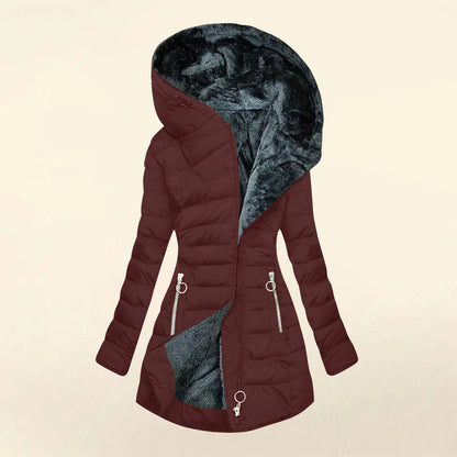 Women Parkas Hooded Solid Zipper Splice Midi Coats Long Sleeve Pockets Slim Fit Thick coats
