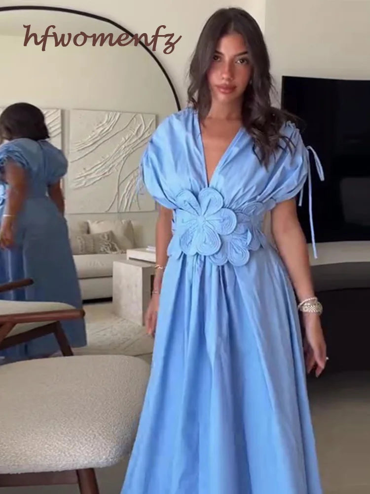 3D Flower Pleated Long Maxi Dress