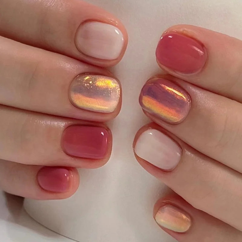 24Pcs Short Square Nude Fake Nails Art White Edge Glossy Artificial French False Nails Removable Full Cover Press on Nail Tips