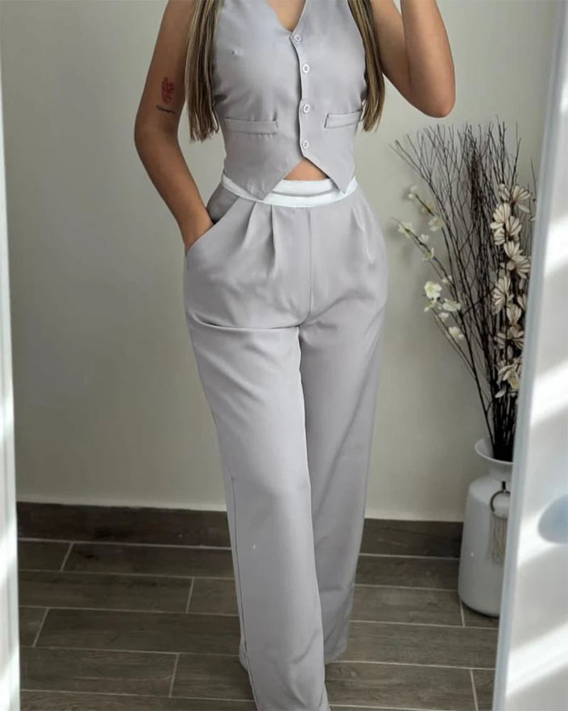 Casual Sexy Elegant V-Neck Buttoned Vest Top & Pocket Design Pants Set Womens Two Piece Sets Outfit