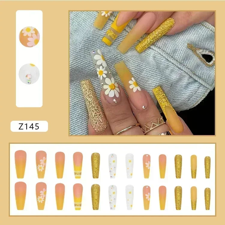24Pcs False Nails Long Coffin Ballet French with Rhinestones Wearable Fake Nails Blue Flower Full Cover Press on Nails Tips Art