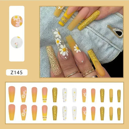 24Pcs False Nails Long Coffin Ballet French with Rhinestones Wearable Fake Nails Blue Flower Full Cover Press on Nails Tips Art