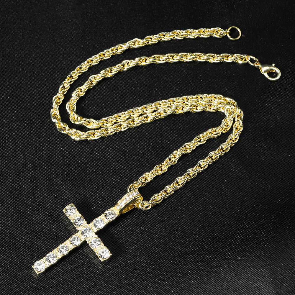 Hip Hop Iced Out Cross Pendant Necklace Strap 4mm Zircon Tennis Chain