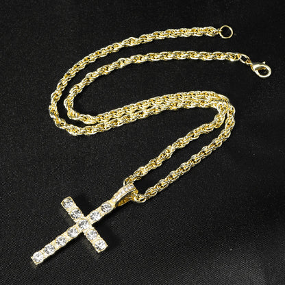 Hip Hop Iced Out Cross Pendant Necklace Strap 4mm Zircon Tennis Chain