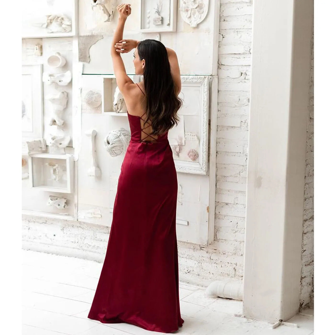 New  Women'S Sling Sleeveless Open Back Slit Red Sexy Dress