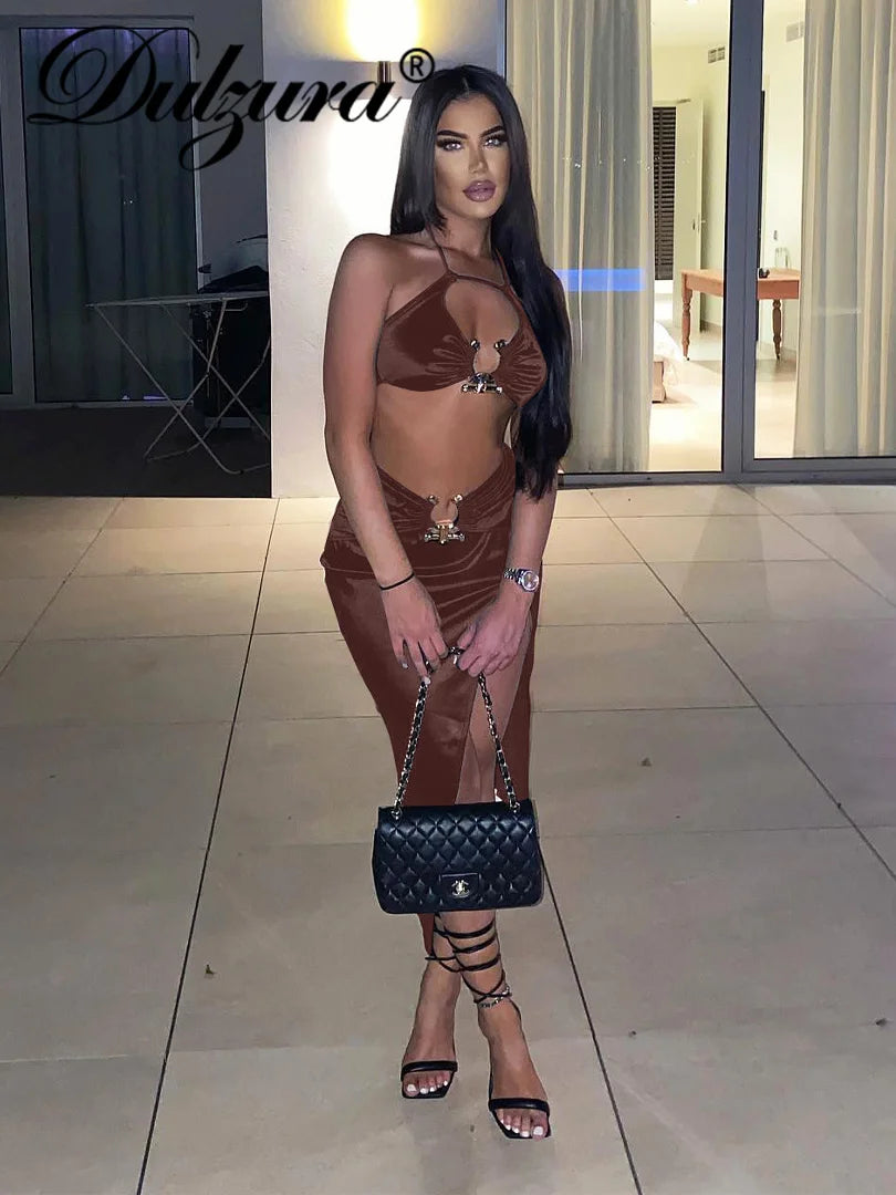 2 Piece Sets Lace Up Sleeveless Backless Crop Top High Waist Side Slit Midi