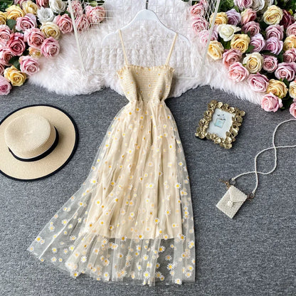 Women daisy Print Dresses Summer Sexy Lace Mesh Dress Spaghetti Strap Ruched Floral