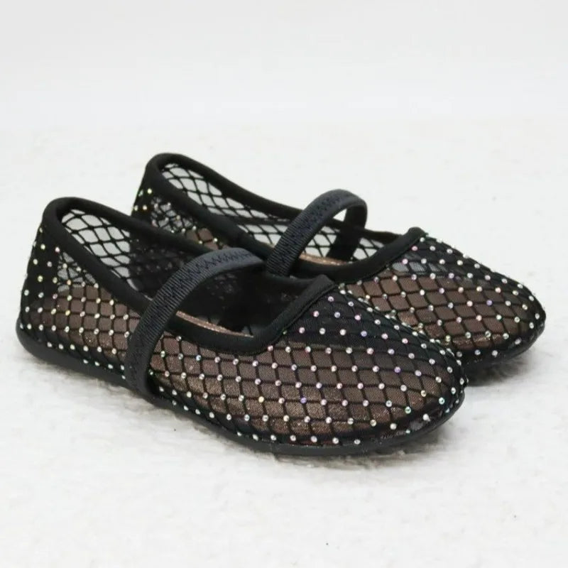 Luxury Lace Mesh Ballet Flat Kid Girls Elegant Brand Design Rhinestones Covered Fishnet Ballerina Shoes Children Dress Zapatos