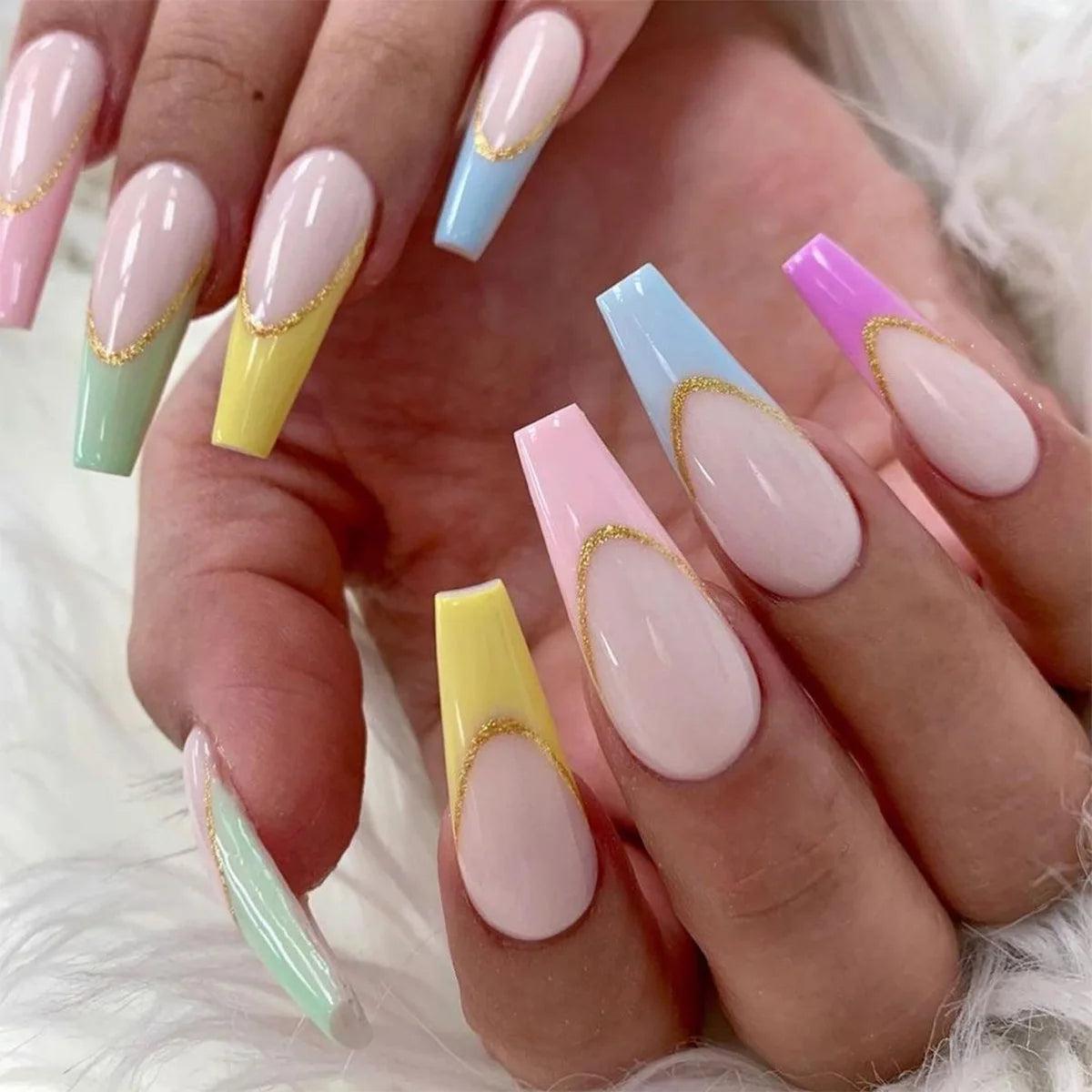 24Ps Super Long Ballet Wearable Fake Nails Blue Diamond Small Flower Press on Nail Stickers Finished Removable False Nail Pieces