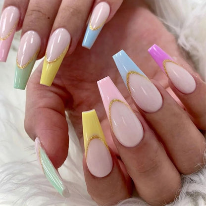 24Ps Super Long Ballet Wearable Fake Nails Blue Diamond Small Flower Press on Nail Stickers Finished Removable False Nail Pieces