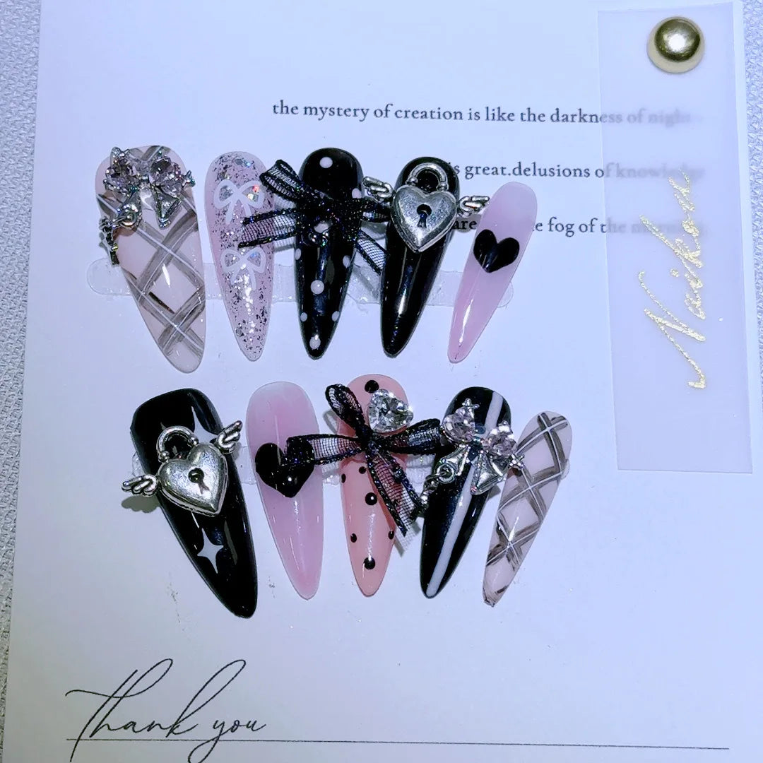 10pcs Long Pointed Press on Nails 3D Black Red Rose Crystal Design