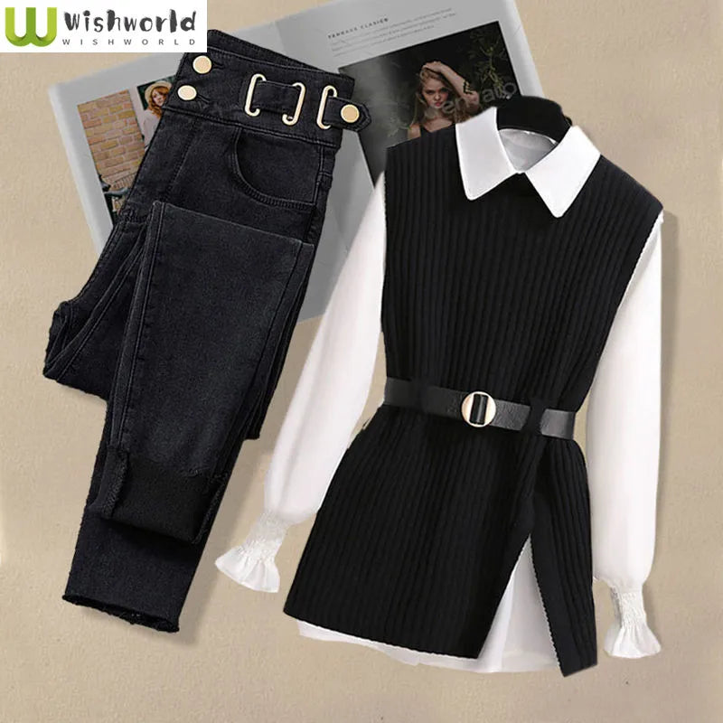 Large Autumn and Winter Suit for Women Vest Shirt Casual Slim Jeans Three Piece Set