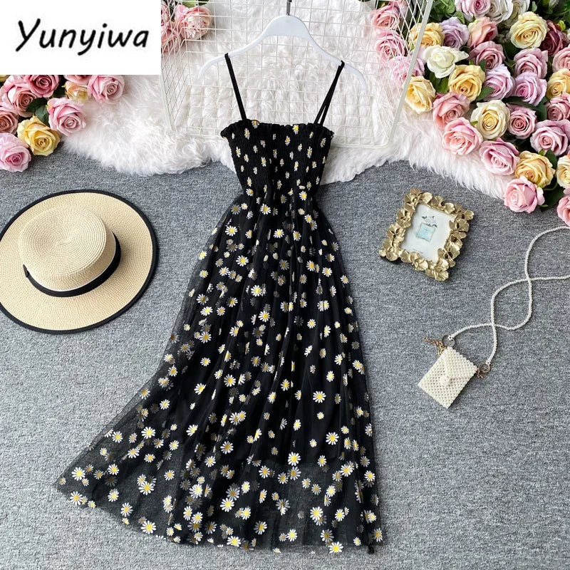Women daisy Print Dresses Summer Sexy Lace Mesh Dress Spaghetti Strap Ruched Floral