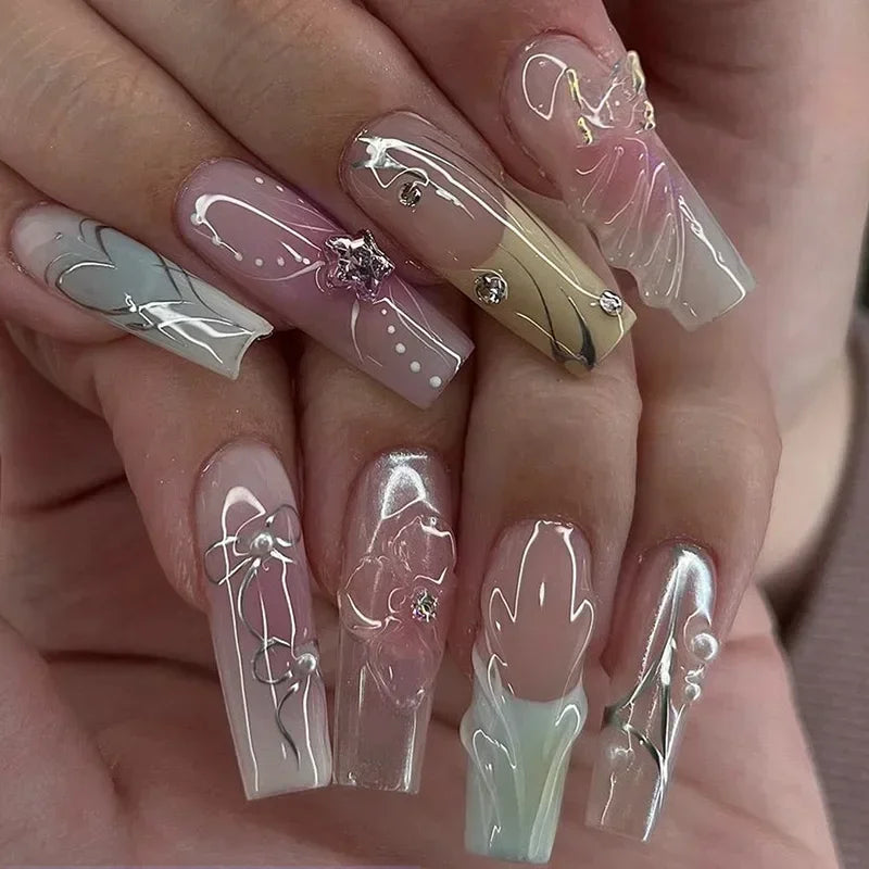24Pcs White Butterfly False Nails Long Ballet Coffin Pearls with French Design Wearable Fake Nails Full Cover Press on Nail Tips