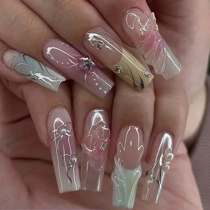 24Pcs White Butterfly False Nails Long Ballet Coffin Pearls with French Design Wearable Fake Nails Full Cover Press on Nail Tips