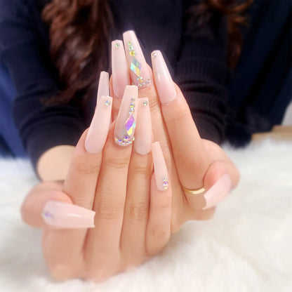 24Ps Super Long Ballet Wearable Fake Nails Blue Diamond Small Flower Press on Nail Stickers Finished Removable False Nail Pieces