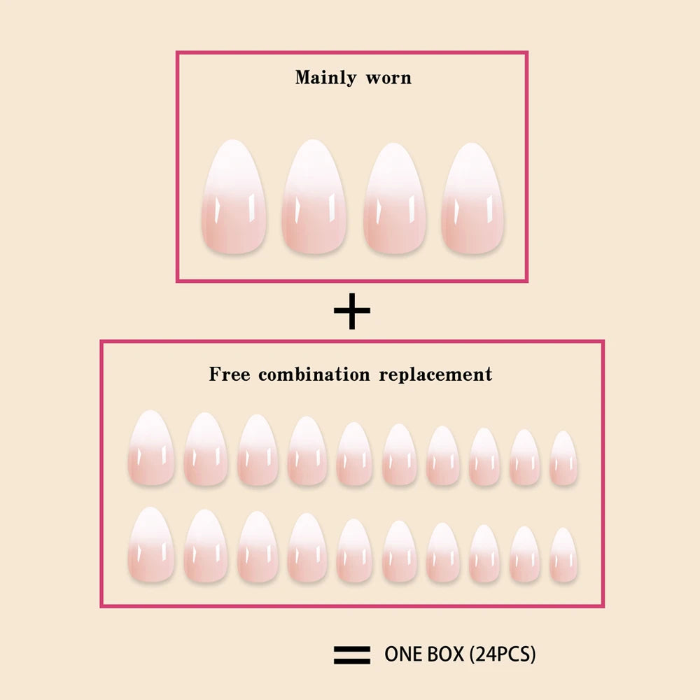 24Pc Short Size French Oval White Gradient Minimalist style Women Full Coverage Wearable Fake Nails Set