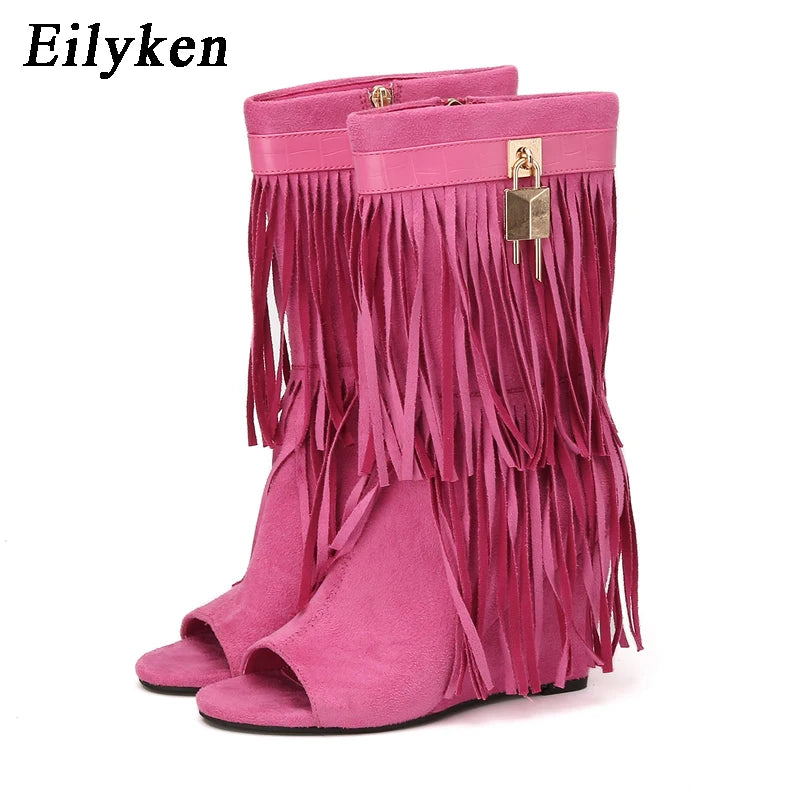 Eilyken Designer Fringe Wedges  Boot Sandals Woman High Heels Open Toe Party Prom Shoes 2025 Sexy Zipper Female Pumps