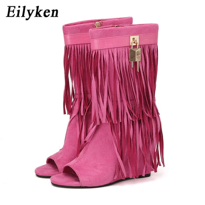 Eilyken Designer Fringe Wedges  Boot Sandals Woman High Heels Open Toe Party Prom Shoes 2025 Sexy Zipper Female Pumps