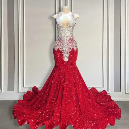 Sparkly Red Sequin Mermaid Luxury Silver Crystal Beaded Sheer Neck Long Prom Gowns