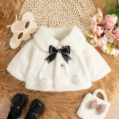 Winter New Sweet Black Bow Baby Girl Coat, Korean Style Warm And Beautiful Children'S Clothing For 6-24 Months