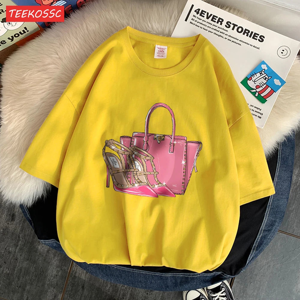 Fashionable Bags And Pink High Heels Print Men Tees Graphic Art T-Shirts High-Quality Cotton Tee Shirt Cotton Loose Clothing