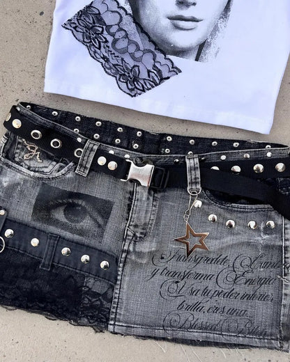 New Fashion Geometric Letter Printing Patch Nail Slim Skirt Harajuku Popular Sexy Spice Girl Dress Ultra-short A-line Skirt