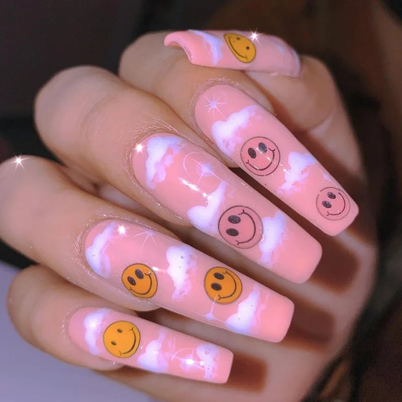 24Ps Super Long Ballet Wearable Fake Nails Blue Diamond Small Flower Press on Nail Stickers Finished Removable False Nail Pieces