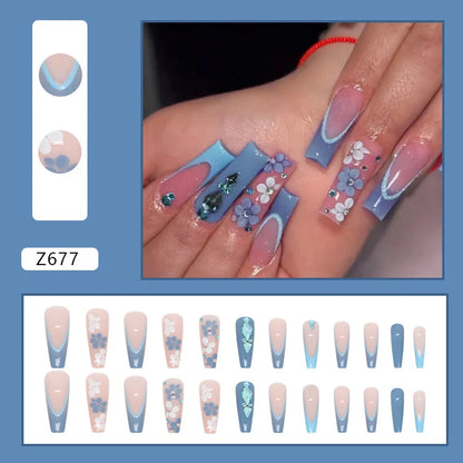 24pcs Artifical Fake Nails Long Coffin French Ballerina Wearable False Nail Tips Finished Rhinstones Flower Design Press on Nail