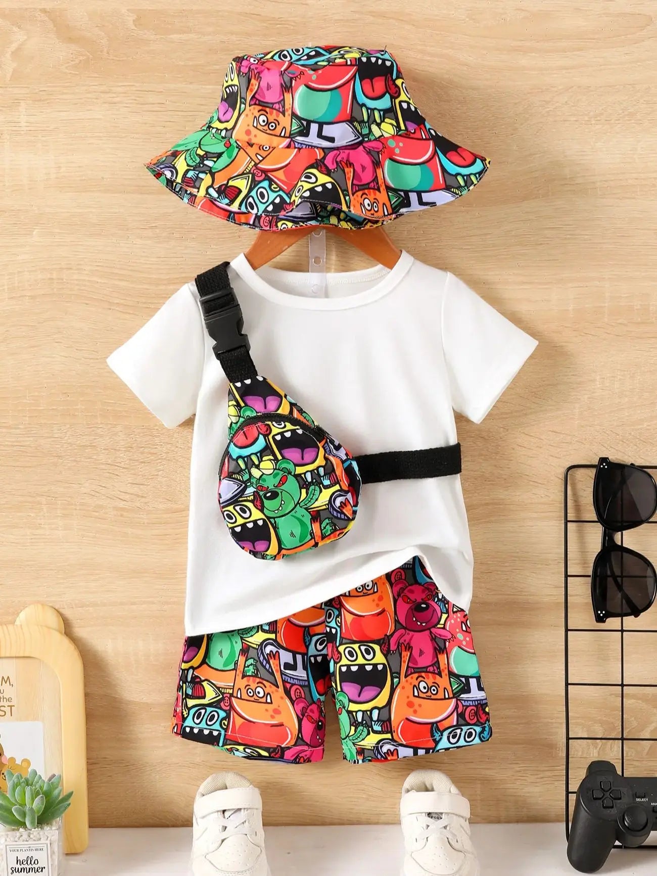 Baby Boys Summer Fashion Funny Four-Piece Pure White T-Shirt Top Cartoon Monster Print Straddle Bag Pocket Pants Sunscreen Hat