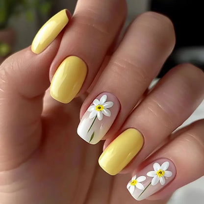 24pcs/set short square Glossy Medium Ballerina Fake Nails jellyfish blue sea wave flowers geometric design press on false nail