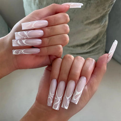 24Ps Super Long Ballet Wearable Fake Nails Blue Diamond Small Flower Press on Nail Stickers Finished Removable False Nail Pieces