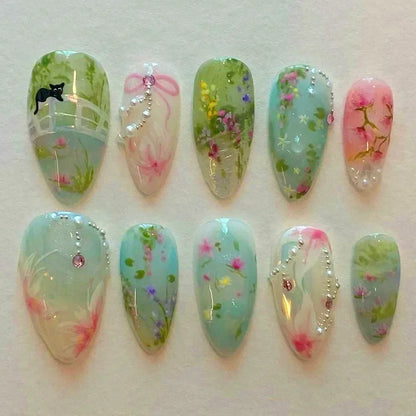 24Pcs Pink Almond French Press on Nails With 3D Bow ripple charms Design Fake Nails Ballerina False Nails Full Cover Nail Tips