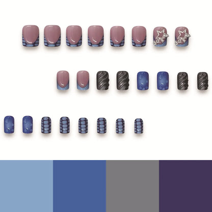 24pcs Short Fake Nails 3D Wave Sliver Star Design Blue French Press on Nails for Girls Full Cover Wearable Short False Nail Tips