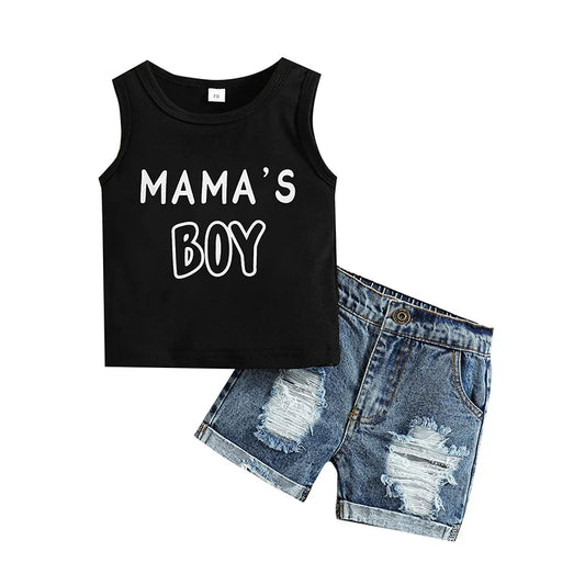 Pudcoco Infant Newborn Baby Boys Shorts Set, Letters Print Tank Top with Ripped Denim Shorts Summer Outfit 0-3T