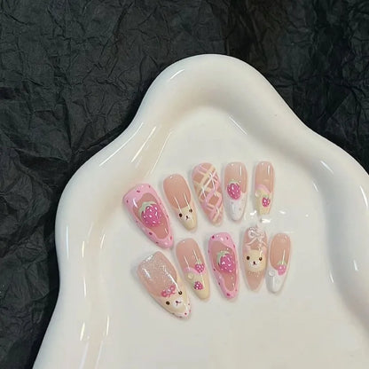 10Pcs Almond Press on Nails with Pink Strawberry Bear Design Acrylic