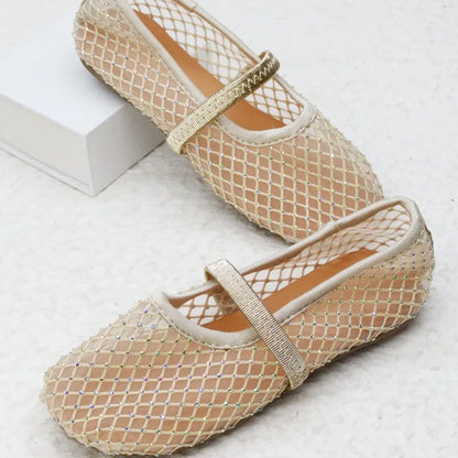 Luxury Lace Mesh Ballet Flat Kid Girls Elegant Brand Design Rhinestones Covered Fishnet Ballerina Shoes Children Dress Zapatos