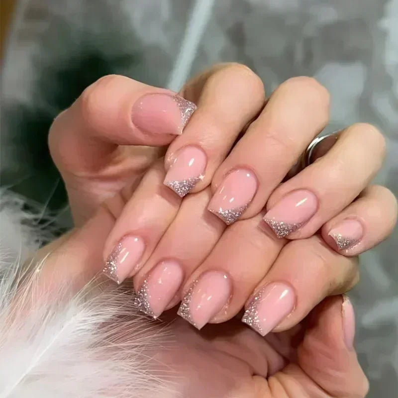 24Pcs Short Square French False Nails with Flower Shiny White Edge Design Pink Glitter Fake Nails Full Cover Press on Nails Tips